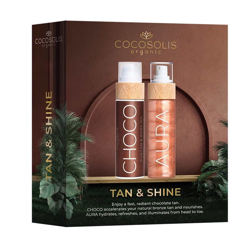 Cocosolis Tan &amp; Shine подаръчен сет с масло за тен шоко и блестящ спрей с пептиди
