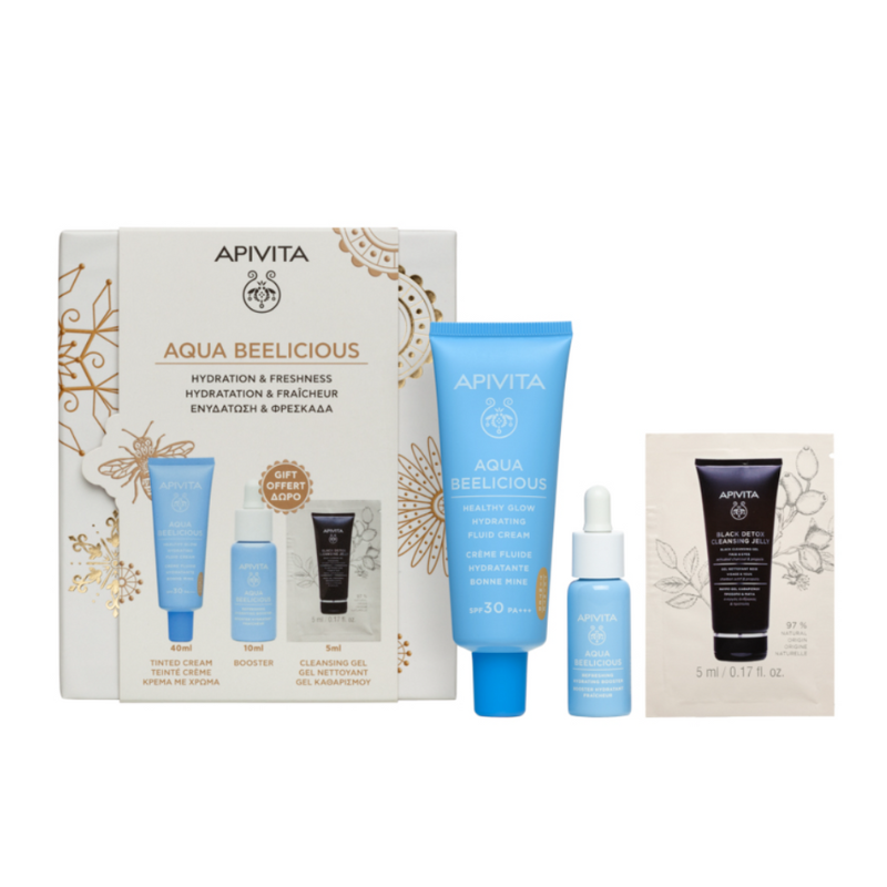 Комплект Apivita Aqua Beelicious Тониран флуид SPF30 40мл + Бустер за лице 10мл + Black Detox Почист
