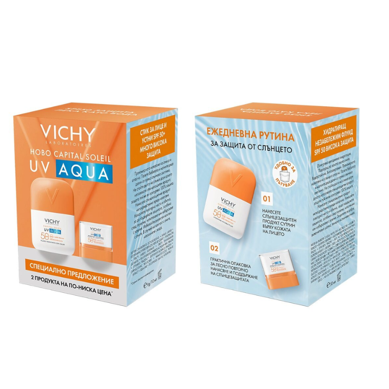 Комплект Vichy Soleil SPF50 UV AQUA Слънцезащитен флуид 50мл+ UV AQUA Стик 10г 090226