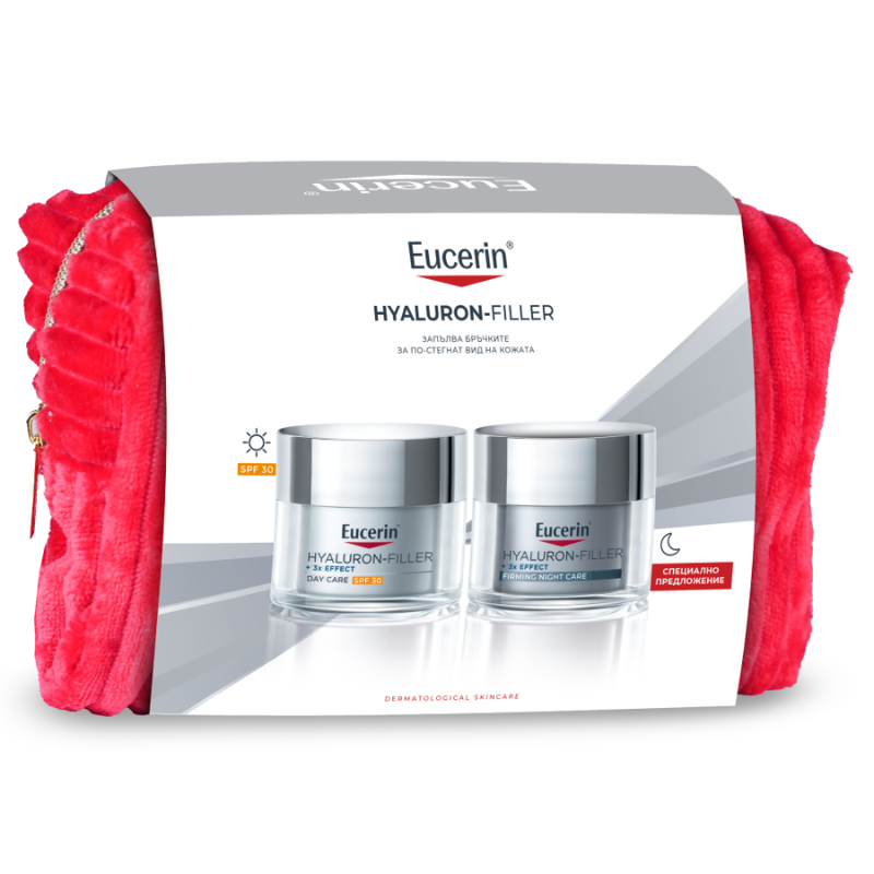 Комплект Eucerin Hyaluron-Filler Дневен крем SPF30 50мл + Нощен крем 50мл + несесер