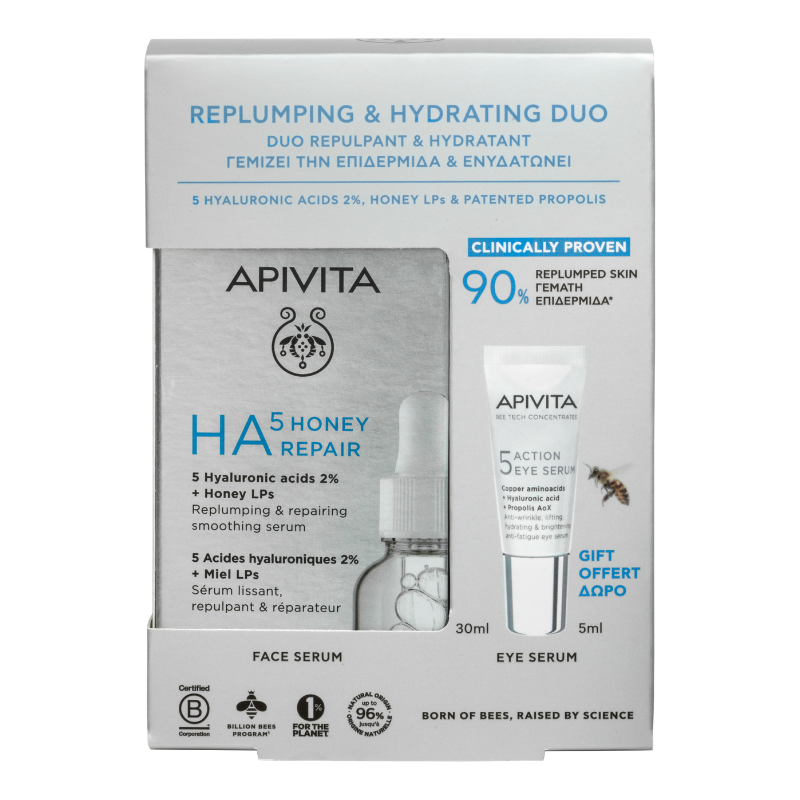 Apivita Дуо HA5 Honey Repair Уплътняващ възстановяващ серум за лице 30мл + Околоочен крем 5мл