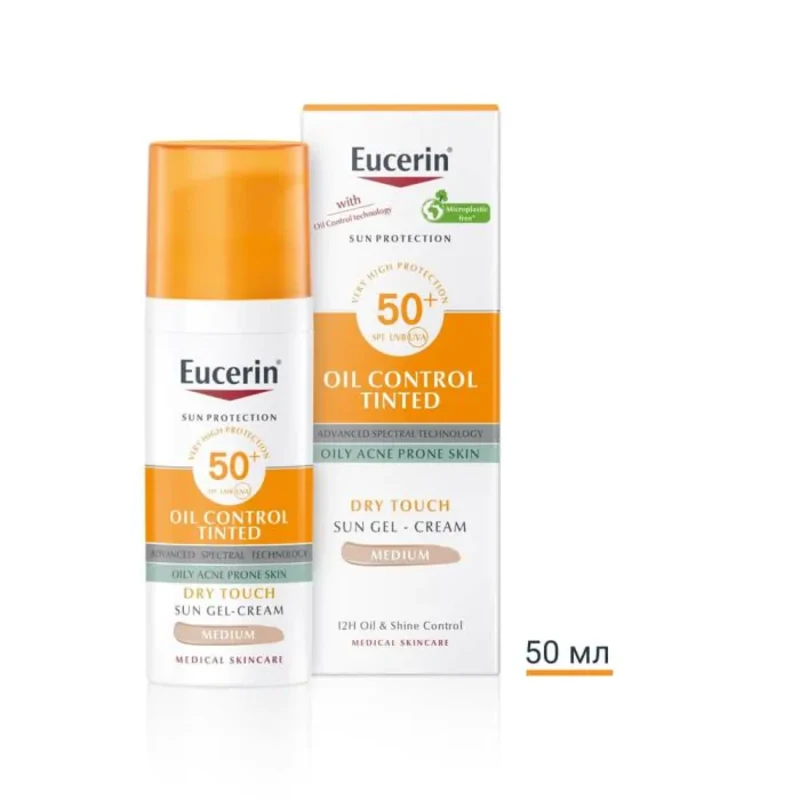 Eucerin oil control оцветен слънцезащитен гел-крем за лице spf50+ тъмен, 50мл