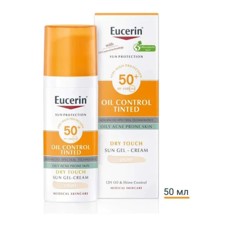 Eucerin oil control оцветен слънцезащитен гел-крем за лице spf50+ светъл, 50мл