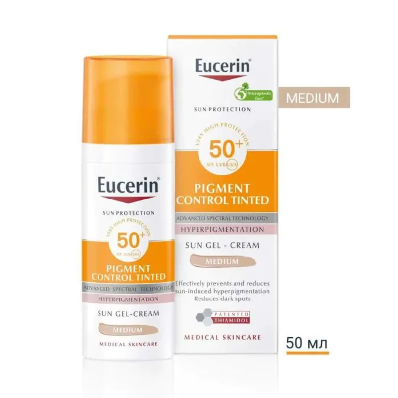 Eucerin pigment control оцветен слънцезащитен гел-крем за лице spf50+ тъмен, 50мл