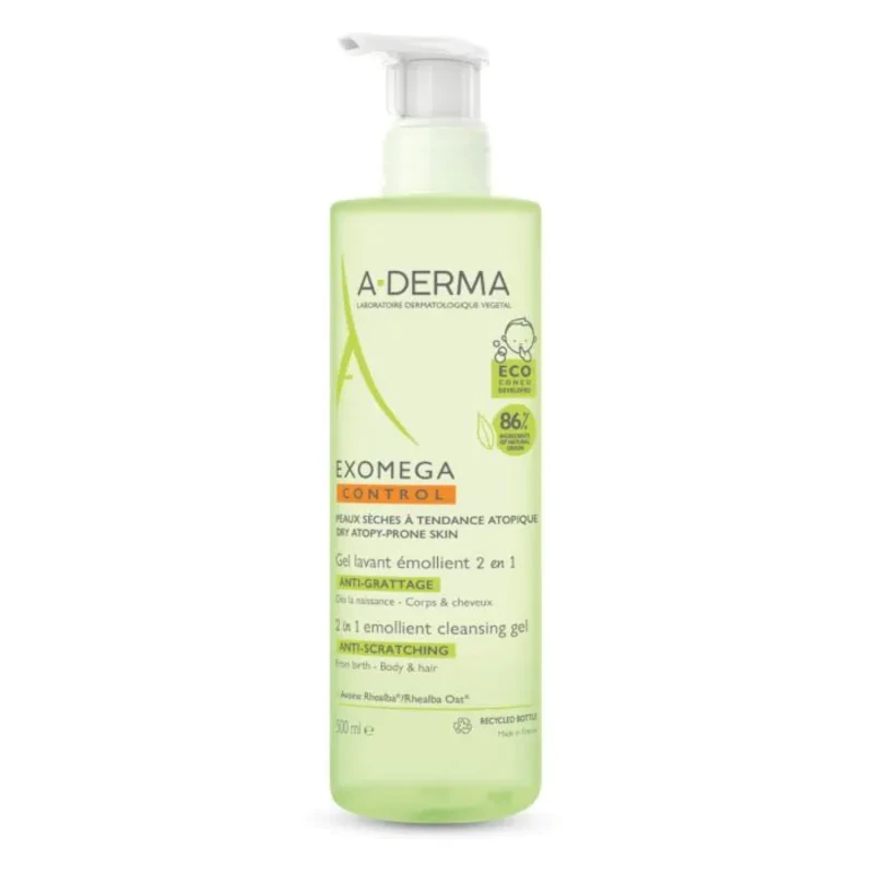 A-derma exomega control емолиентен почистващ гел 2 в 1 за коса и тяло 500ml