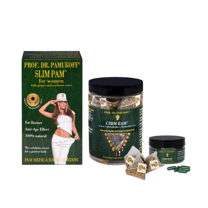 Слим пам зелена серия с джинджифил капсули х 40 + Слим Пам чай филтър х 20
