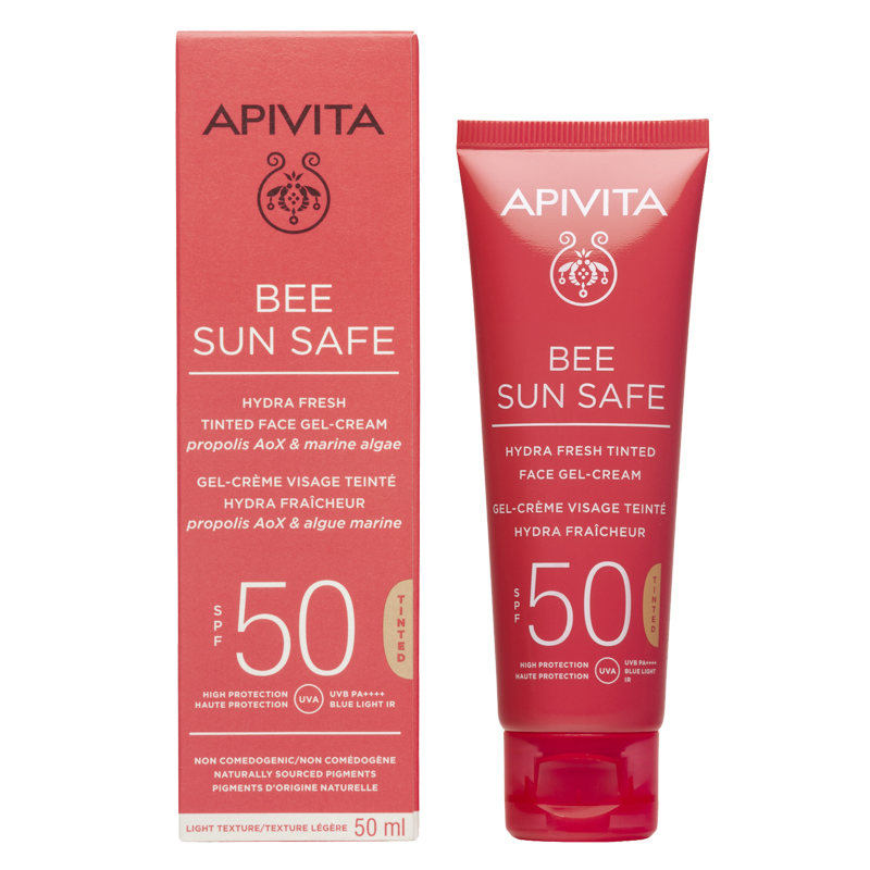 Apivita Bee Sun Safe Тониран хидратиращ освежаващ гел-крем за лице SPF50